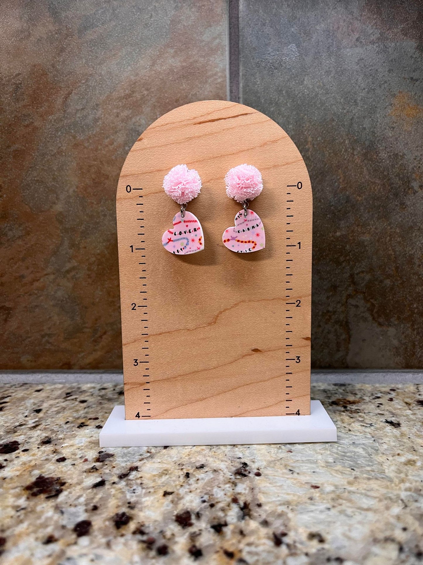 Puffball Angled Hearts Taylor Swift Bracelets Acrylic Dangle Earrings