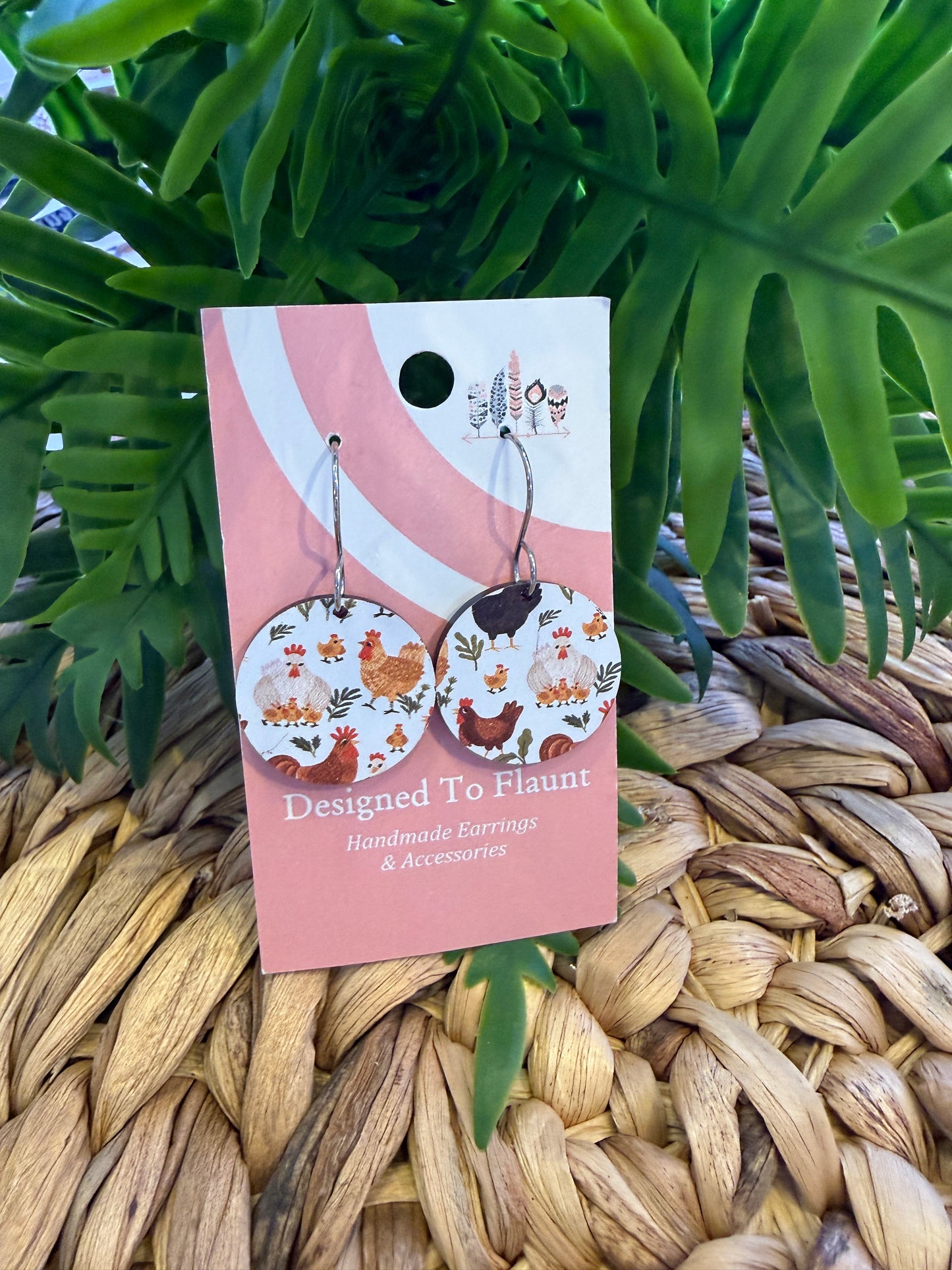 Chickens Scattered Print Dangle Earrings- White Background