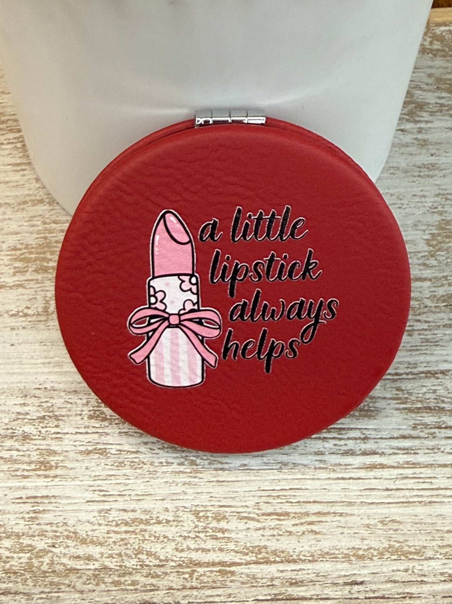 UV Printed Lipstick Fix Leatherette Compact Mirror