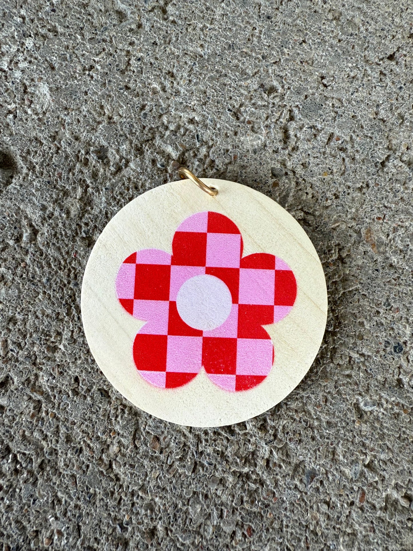 UV Printed Retro Checkered Flower Keychain