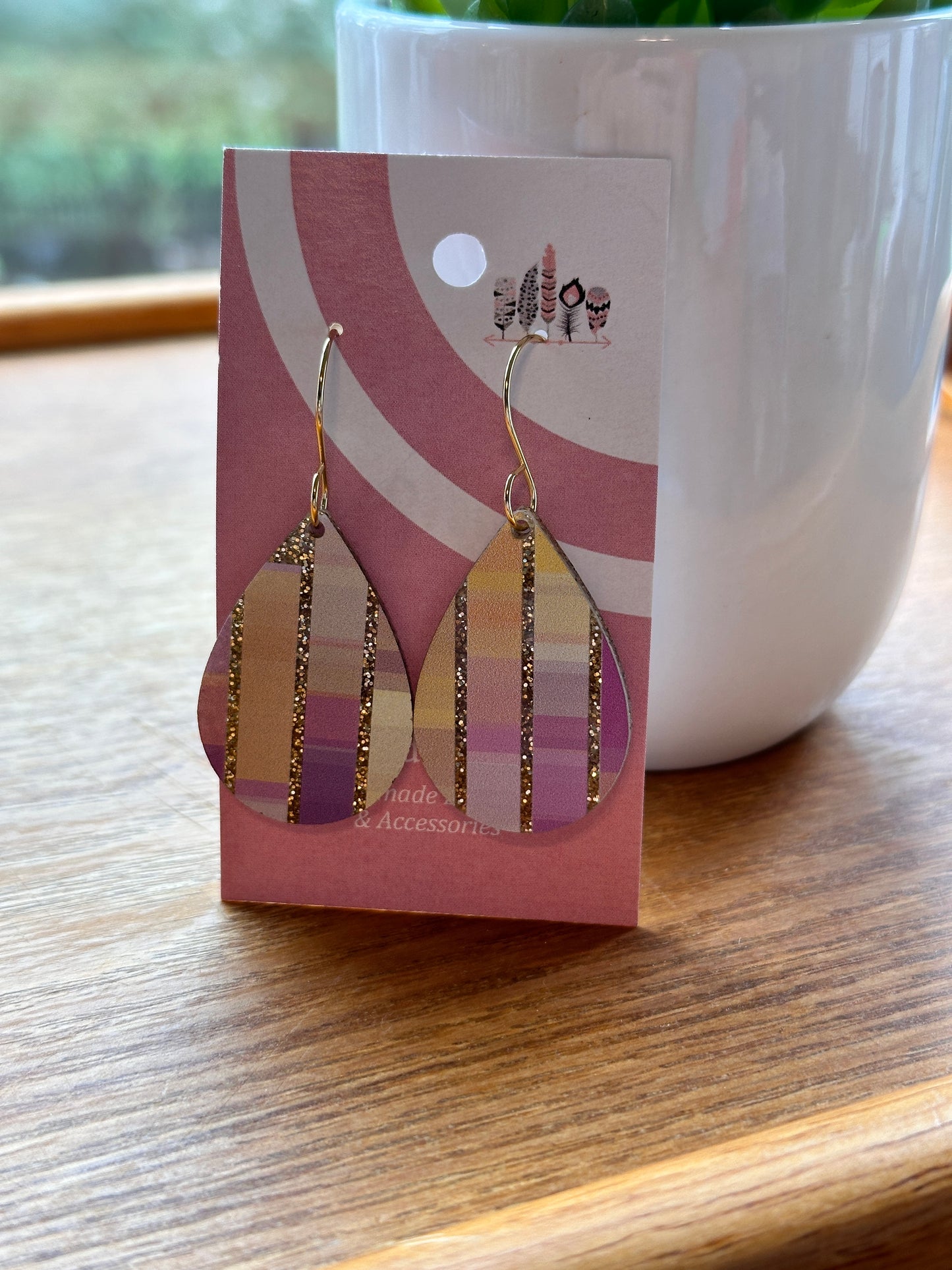 Pastel Stripes on Gold Glitter Acrylic Dangle Earrings