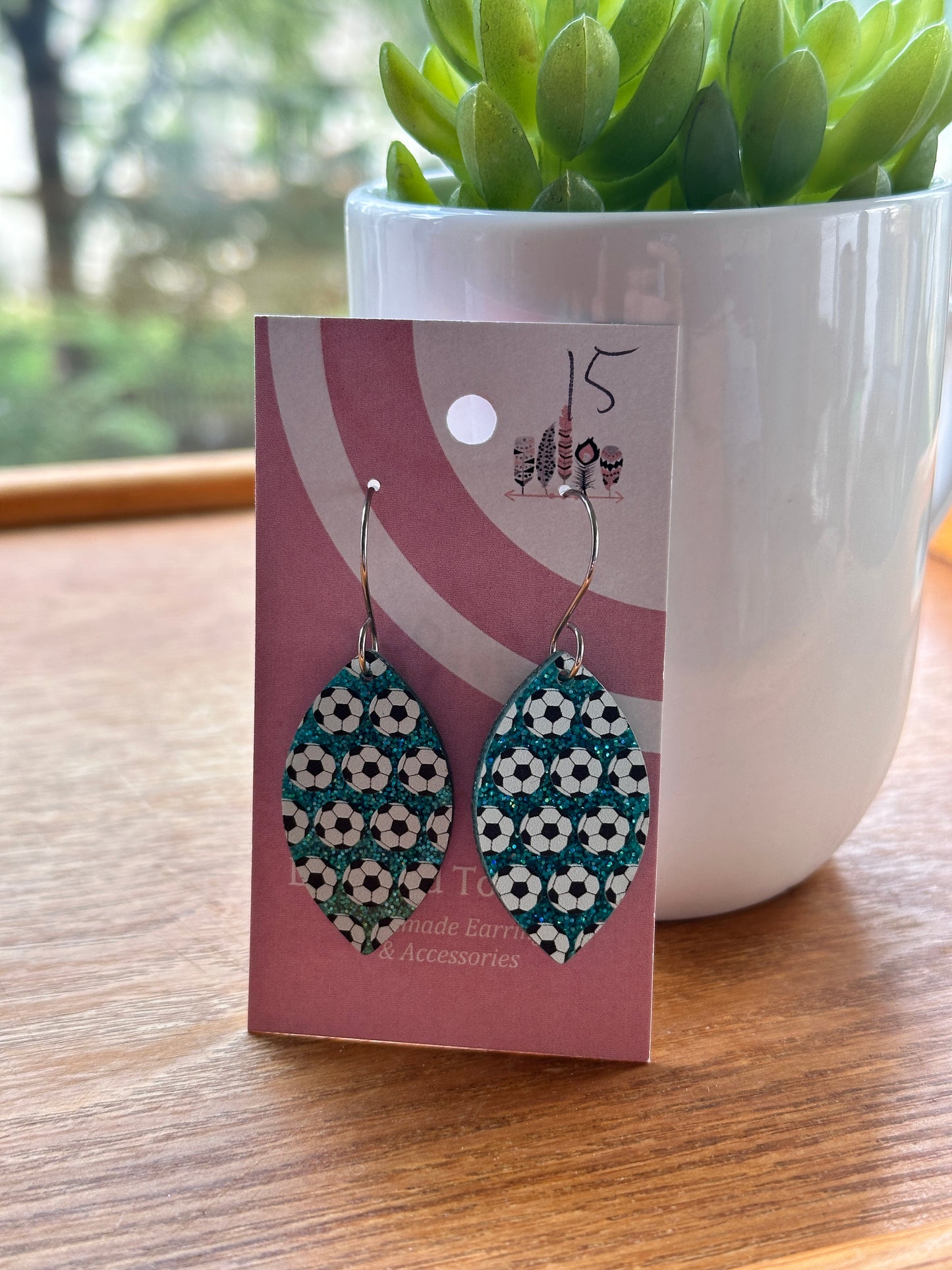 Soccer Balls on Teal Glitter Acrylic Dangle Earrings