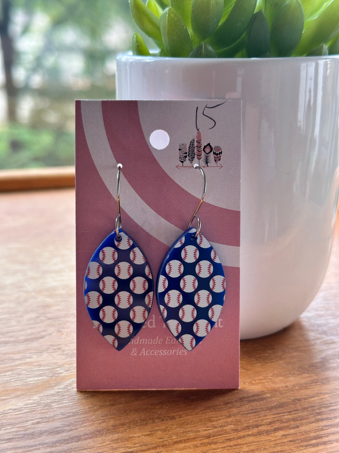 Baseballs On Blue Acrylic Dangle Earrings
