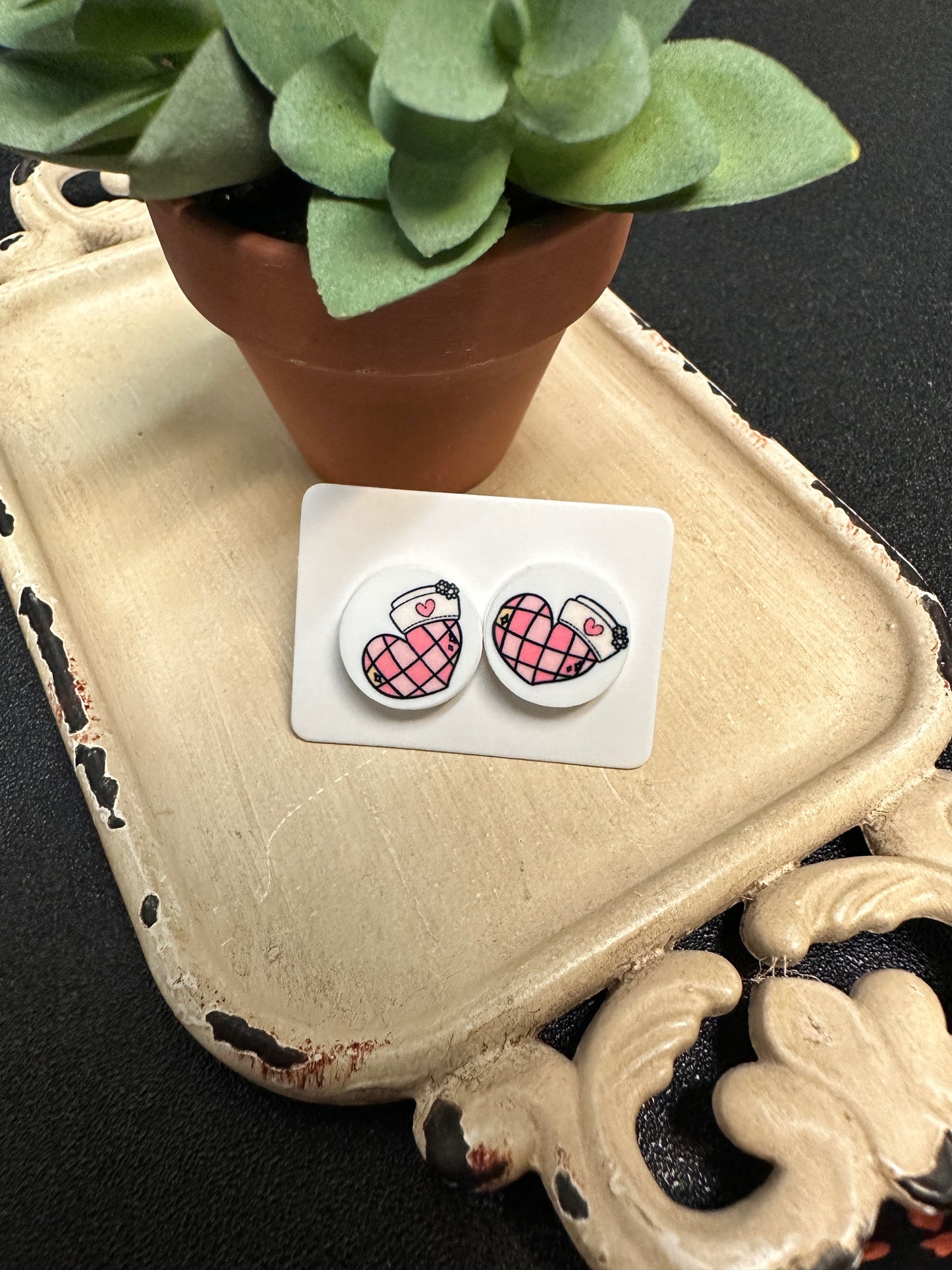 Sublimated Pink Checkered Heart Acrylic Stud Earrings