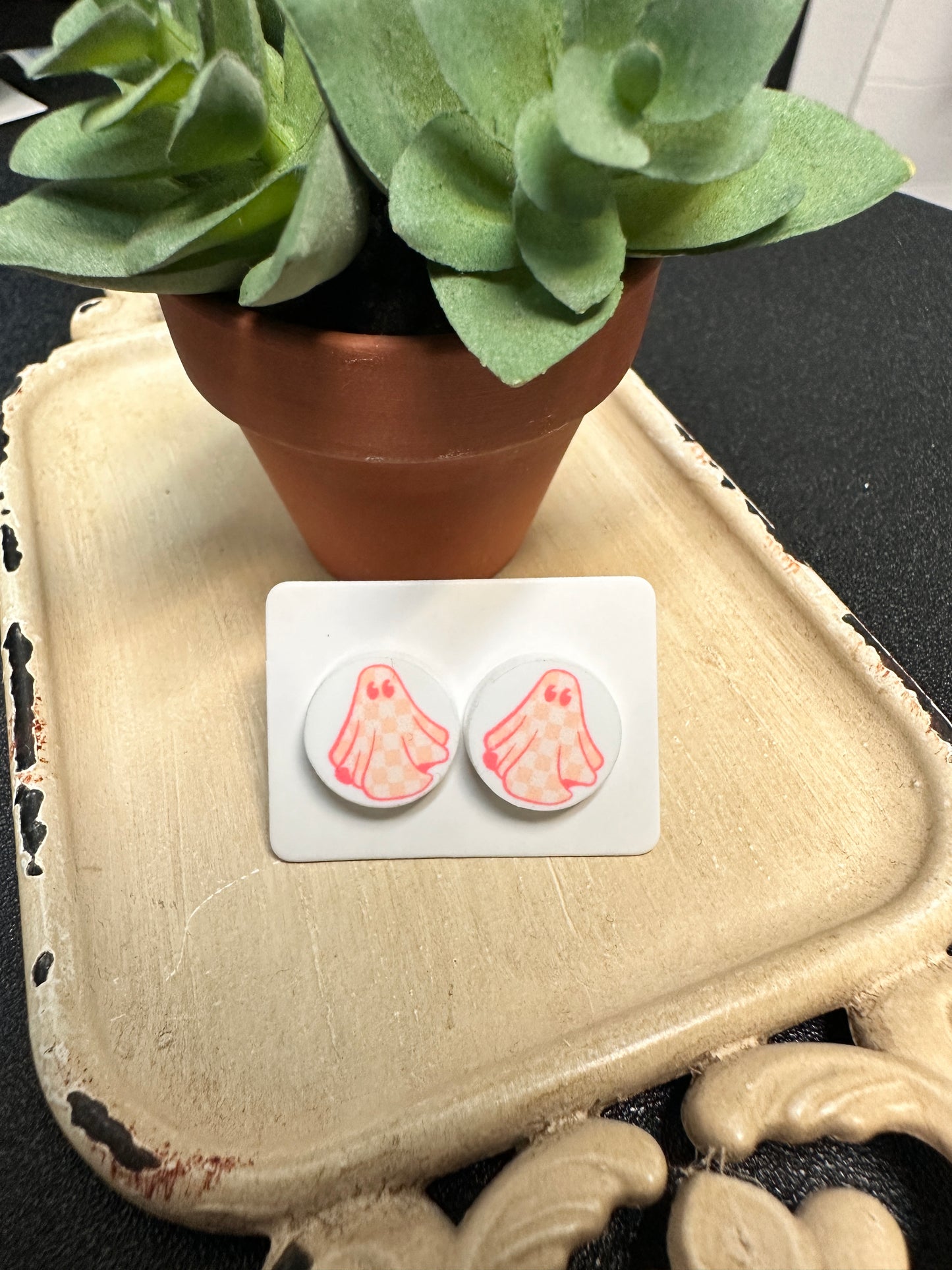 Sublimated Checkered Ghost Acrylic Stud Earrings