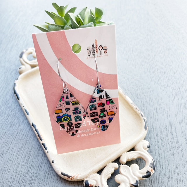 Cameras Scattered Print Dangle Earrings