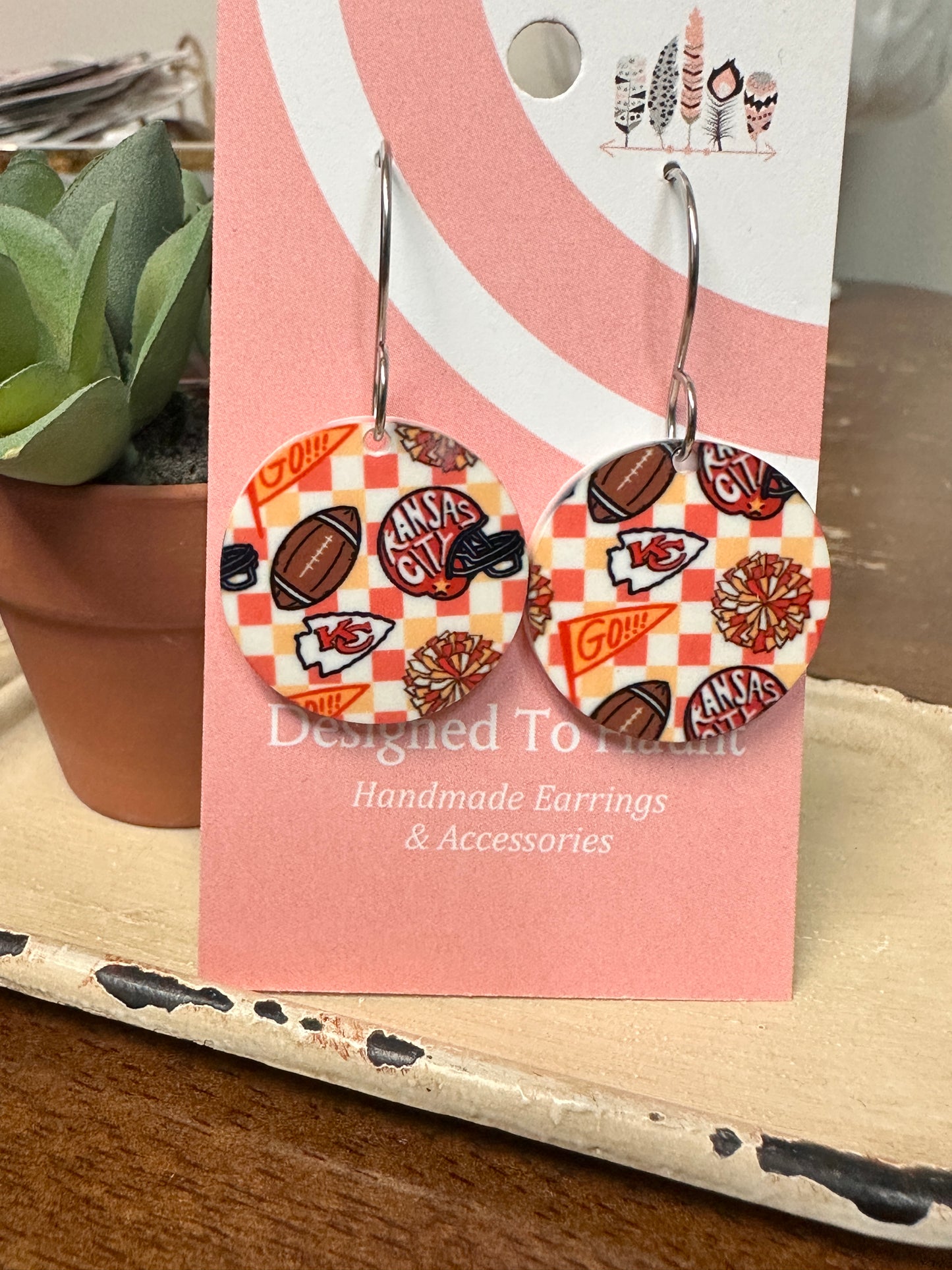 KC Football Pom Pom Acrylic Dangle Earrings