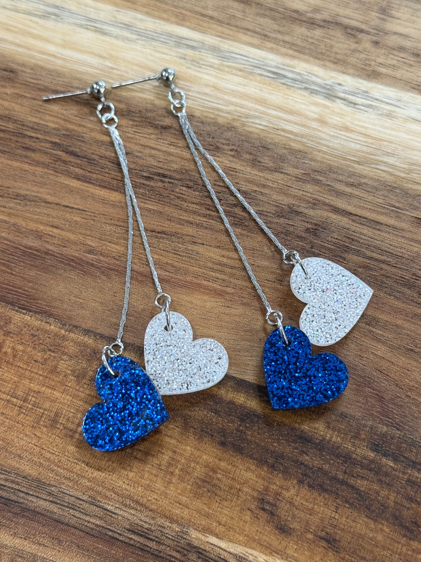 Double Heart Chain Dangle Earrings - Kansas City Baseball Blue & White Glitter