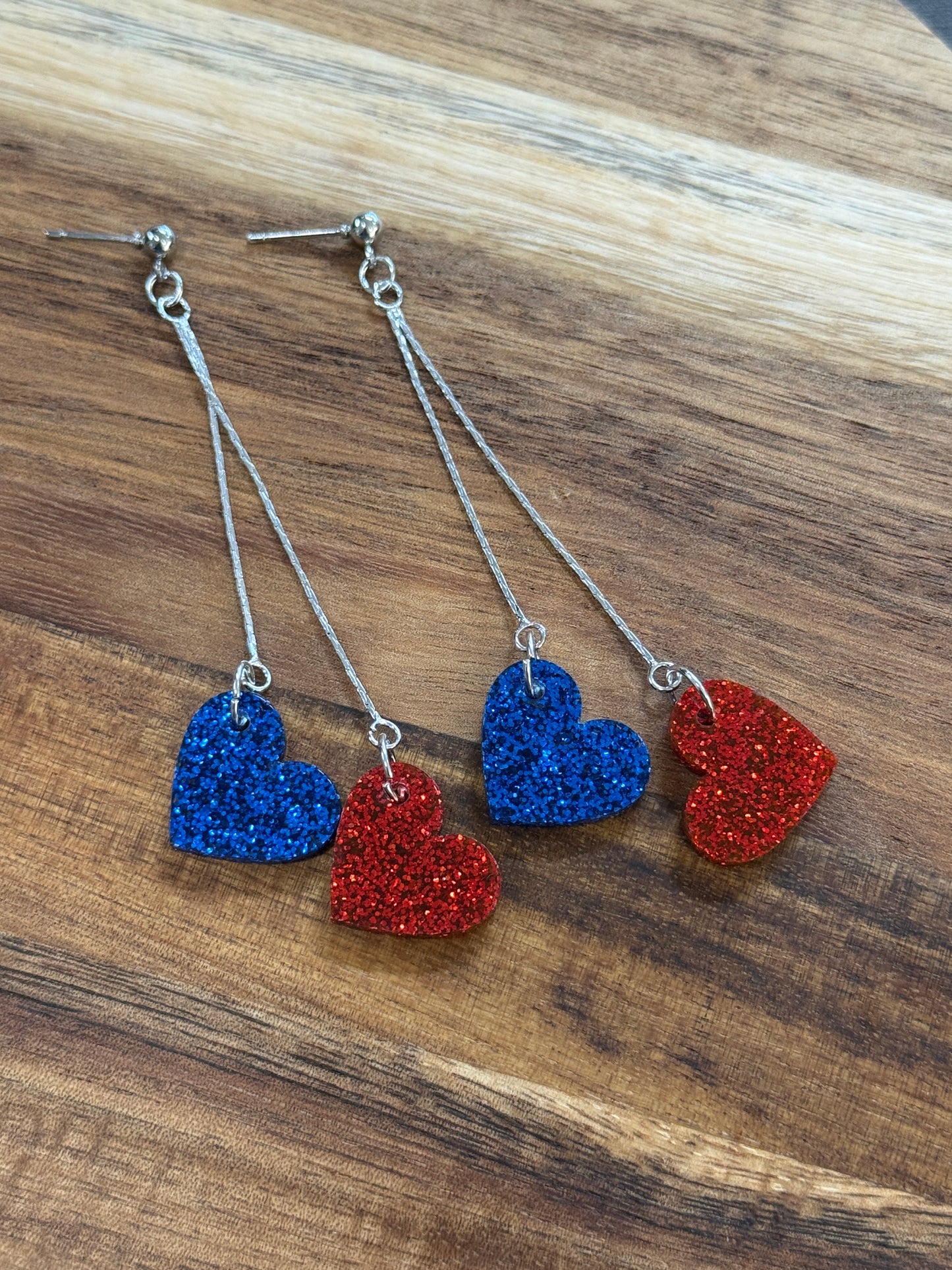 Double Heart Chain Dangle Earrings - Red and Blue Glitter