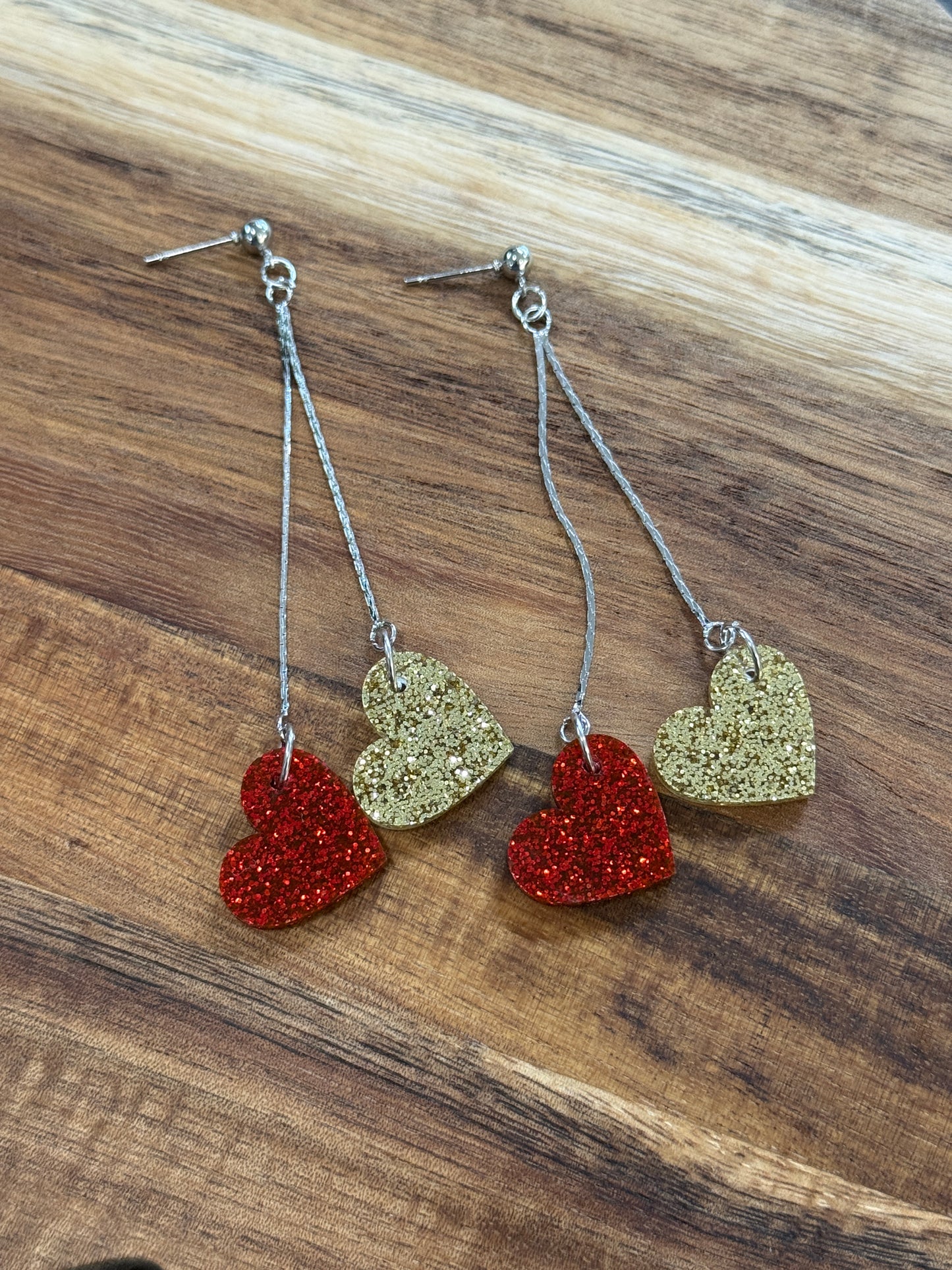 Double Heart Chain Dangle Earrings - Kansas City Football Red & Gold Glitter