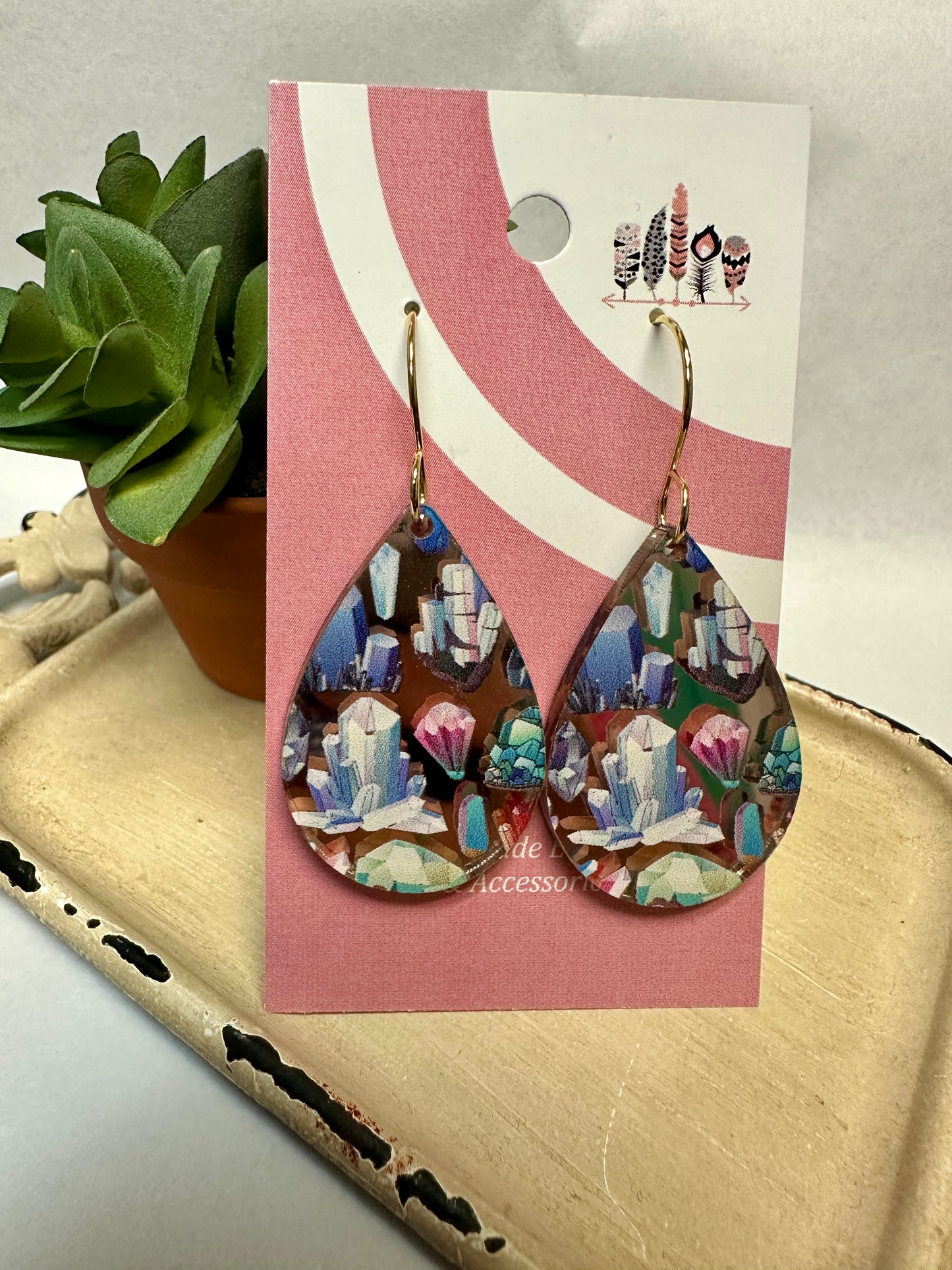 Classic Scattered Crystals Rose Gold Mirror Acrylic Dangle Earrings