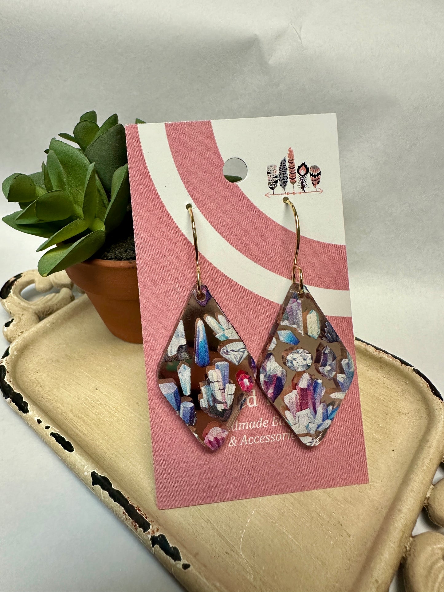 Classic Scattered Crystals Rose Gold Mirror Acrylic Dangle Earrings
