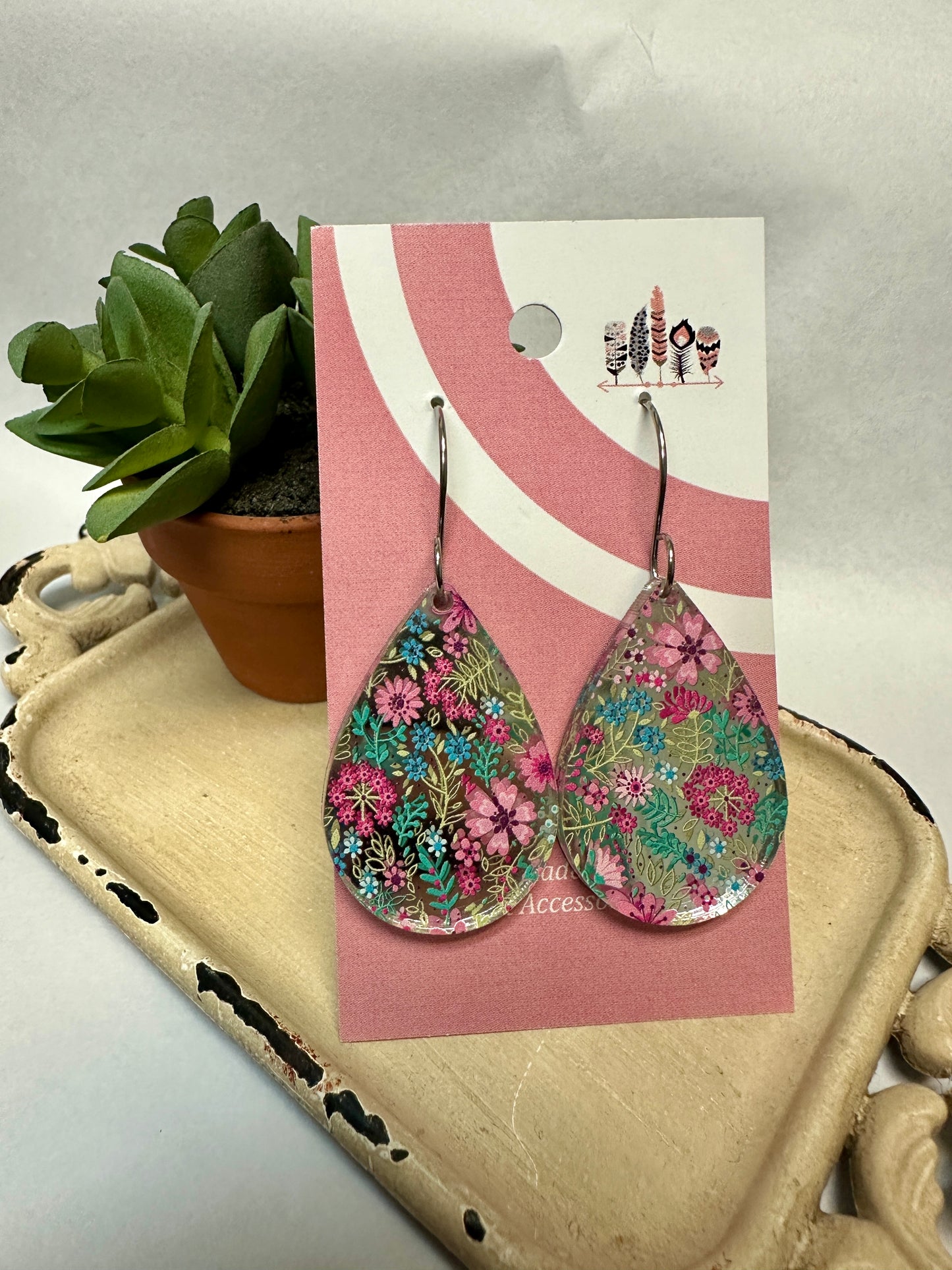 Classic Micro Pink Floral Silver Mirror Acrylic Dangle Earrings