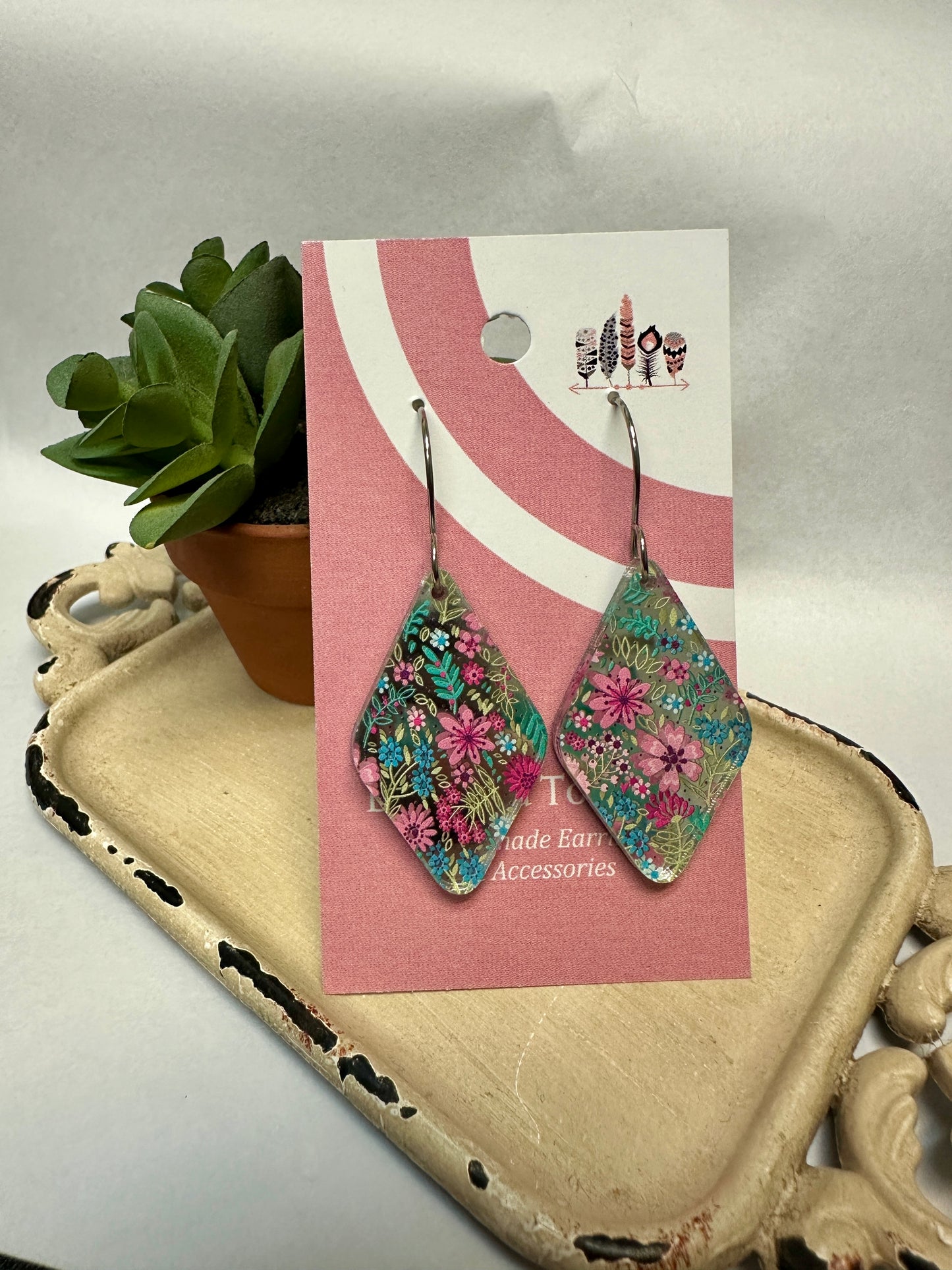 Classic Micro Pink Floral Silver Mirror Acrylic Dangle Earrings