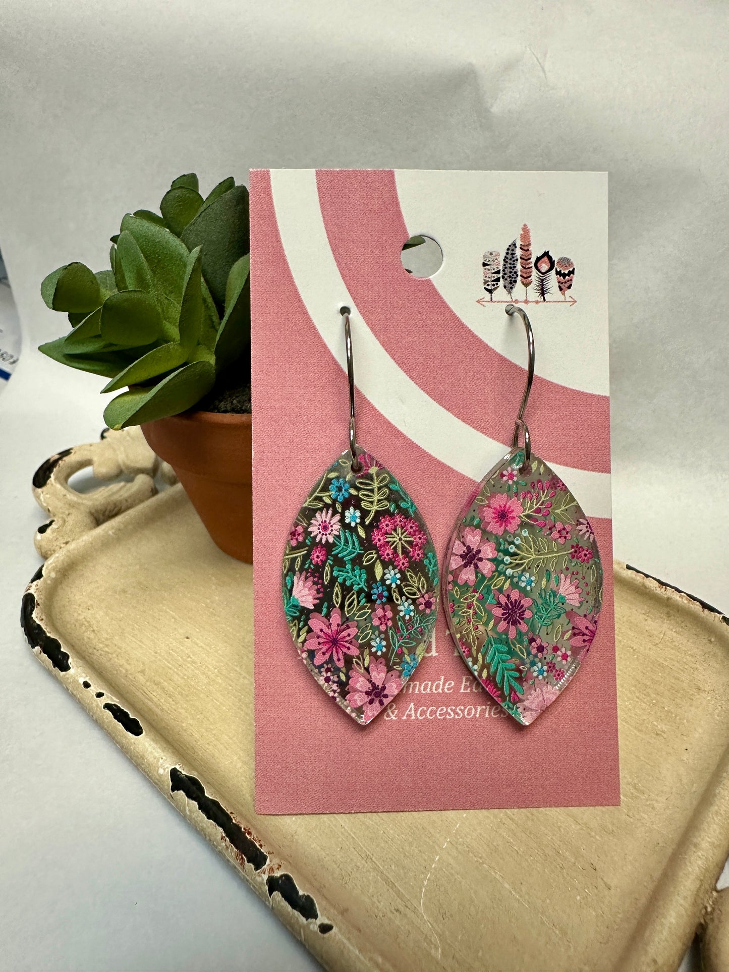 Classic Micro Pink Floral Silver Mirror Acrylic Dangle Earrings