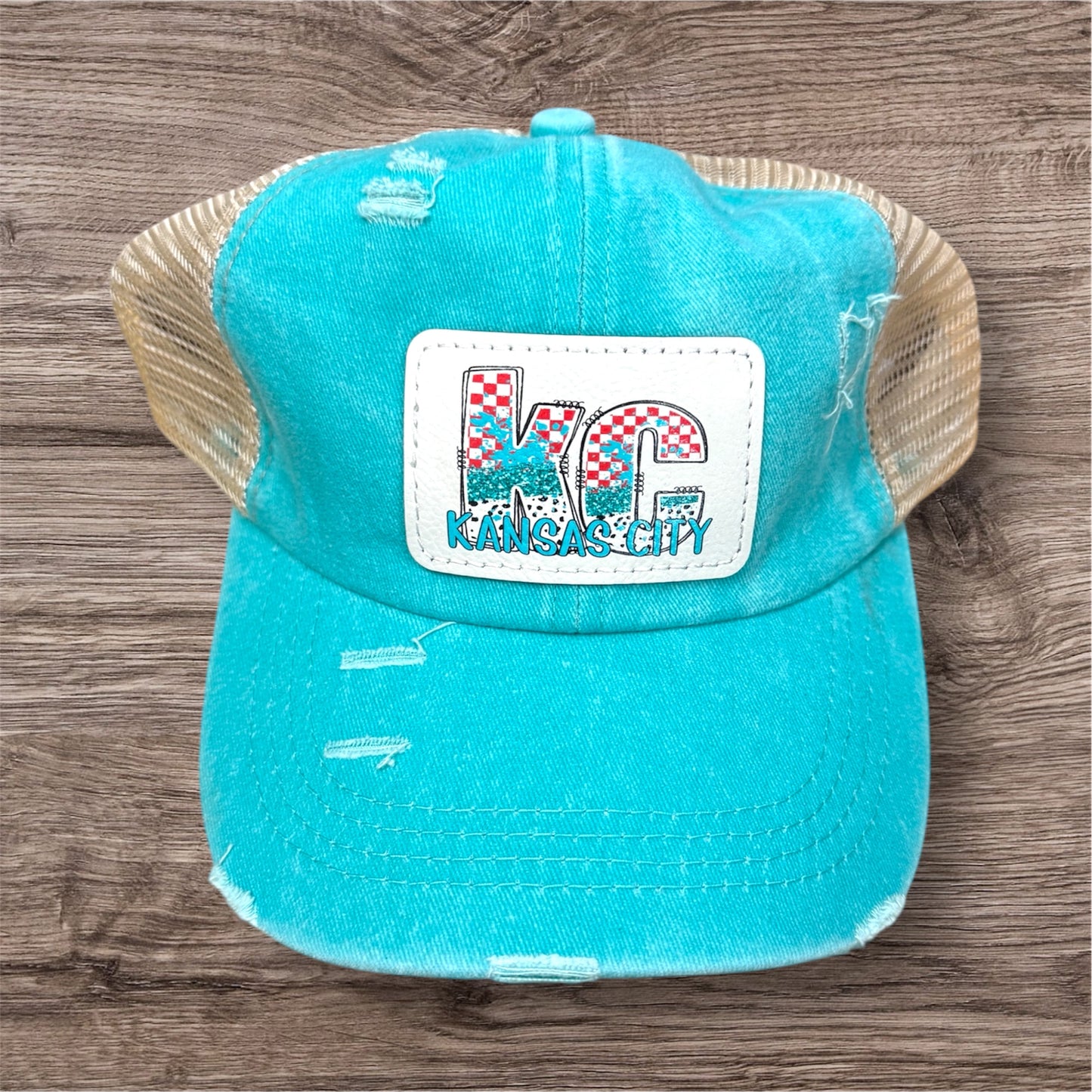 UV Printed Teal/Red KC Checkered Paint Women's Criss Cross Hat