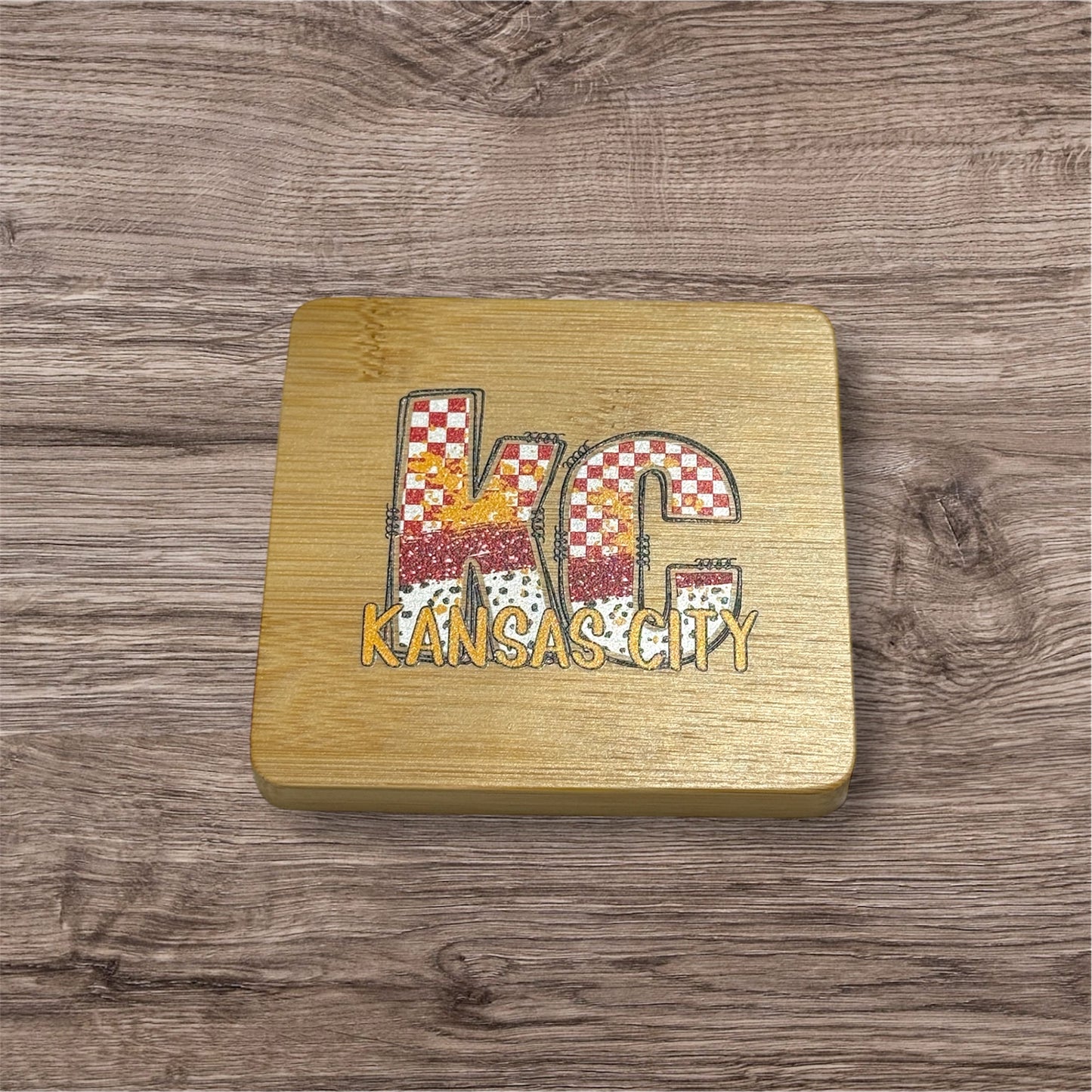 UV Printed Red KC Checkered Paint Wooden Coaster
