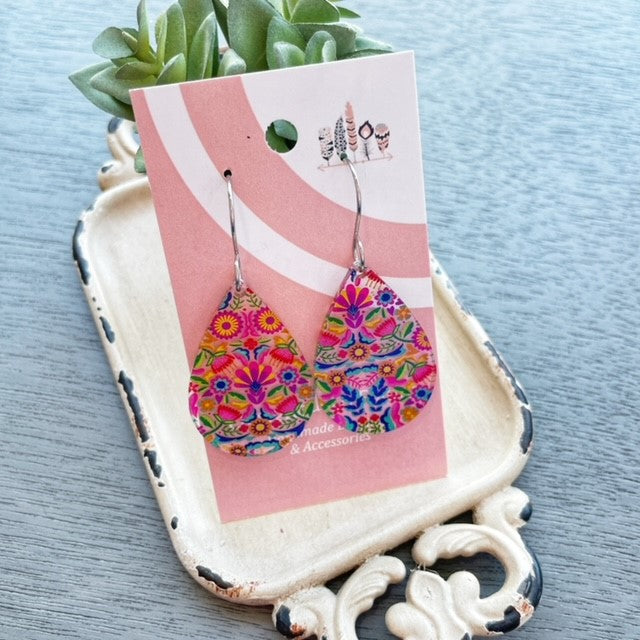 Traditional Mexican Floral Scattered Print Dangle Earrings