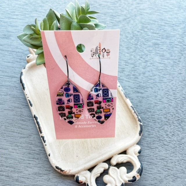 Cameras Scattered Print Dangle Earrings