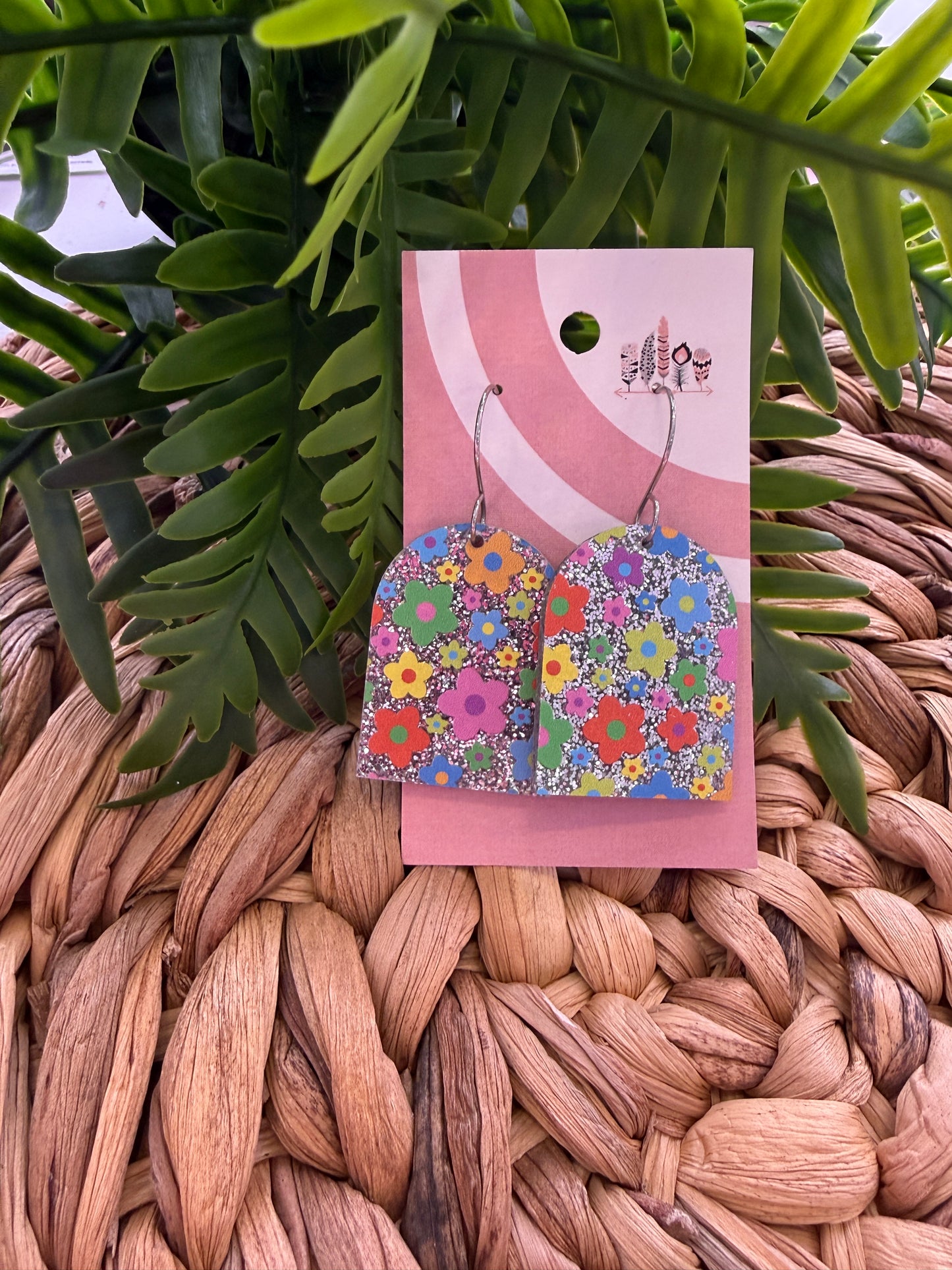 Rainbow Floral on Silver Glitter Dangle Earrings