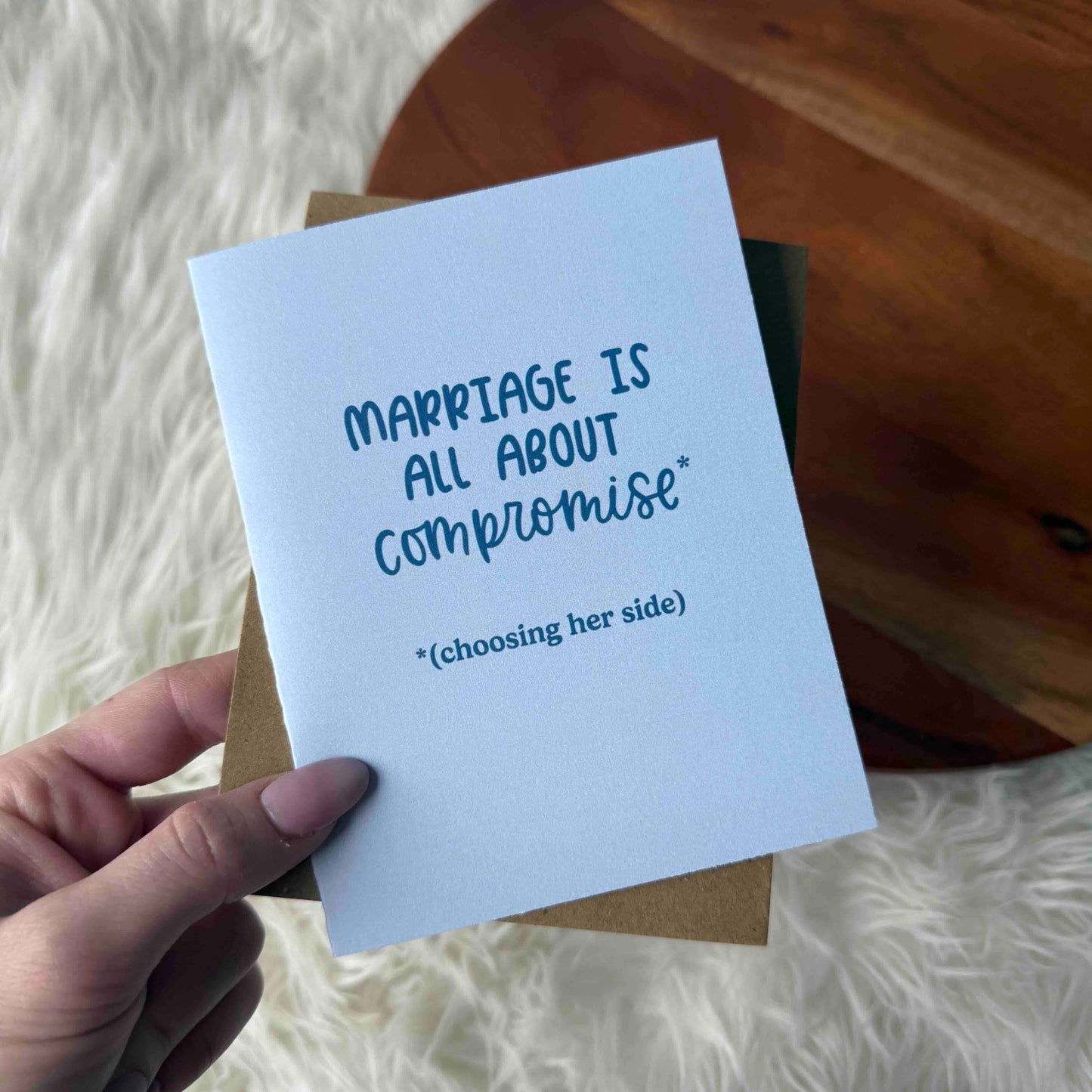 "Marriage is all about compromise*" Funny Blue Wedding Card
