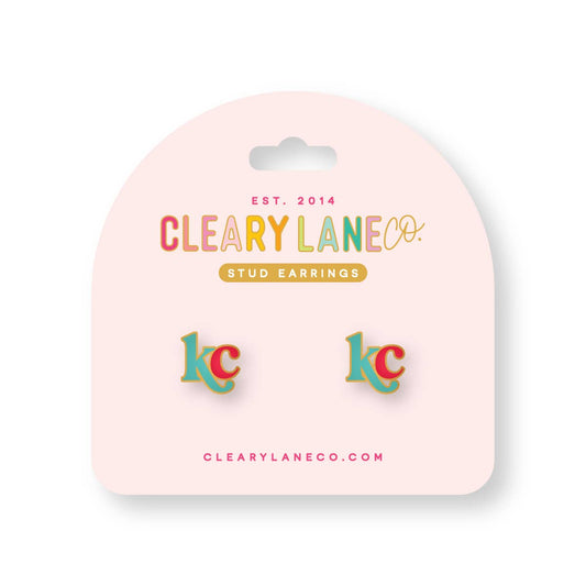Kansas City KC Letters Enamel Stud Earrings | Red & Aqua