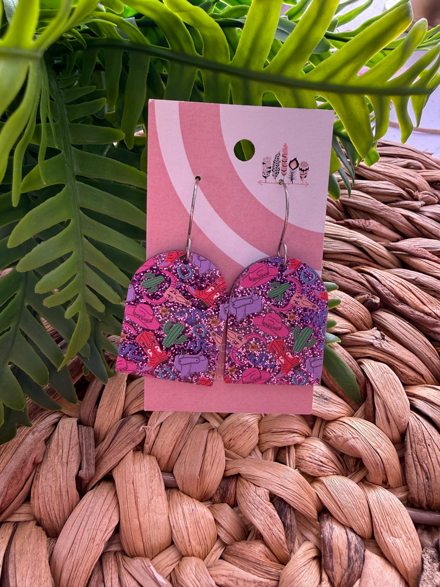 Cowgirl Chic on Purple Glitter Acrylic Dangle Earrings