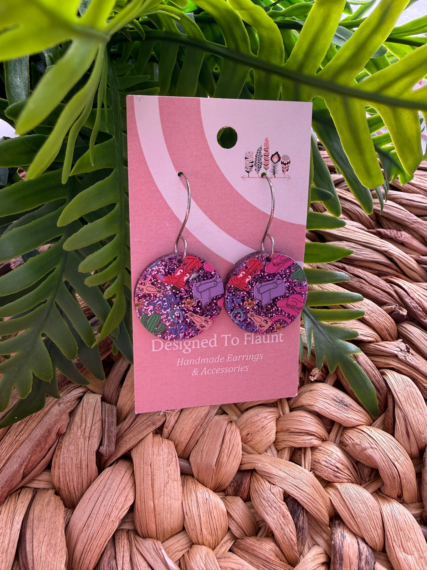 Cowgirl Chic on Purple Glitter Acrylic Dangle Earrings