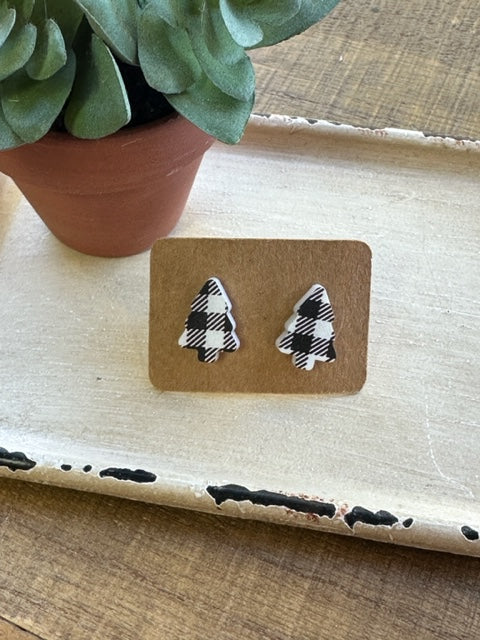 Black Plaid Tree Studs