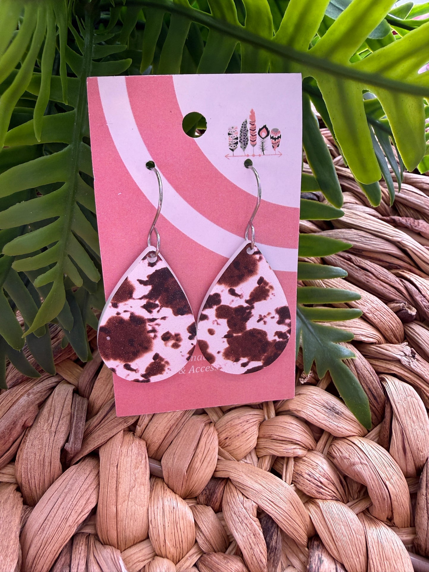 Brown Cow Print Acrylic Dangle Earrings