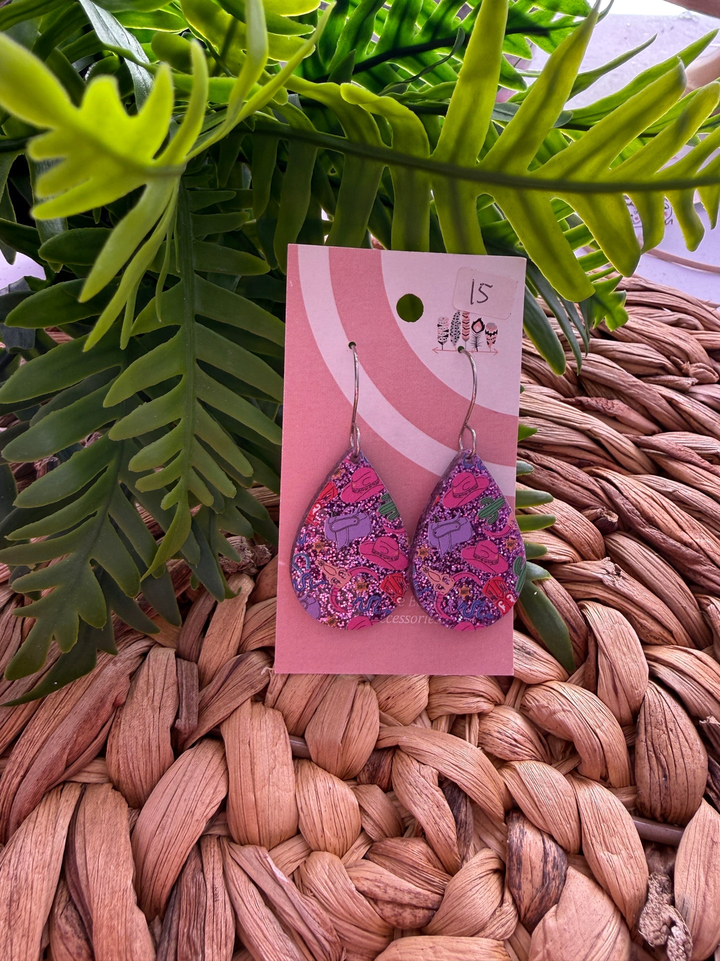 Cowgirl Chic on Purple Glitter Acrylic Dangle Earrings