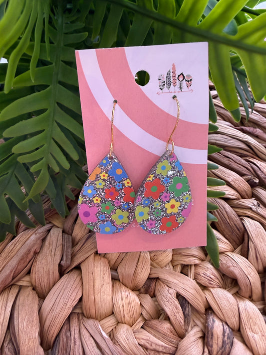 Rainbow Floral on Silver Glitter Dangle Earrings