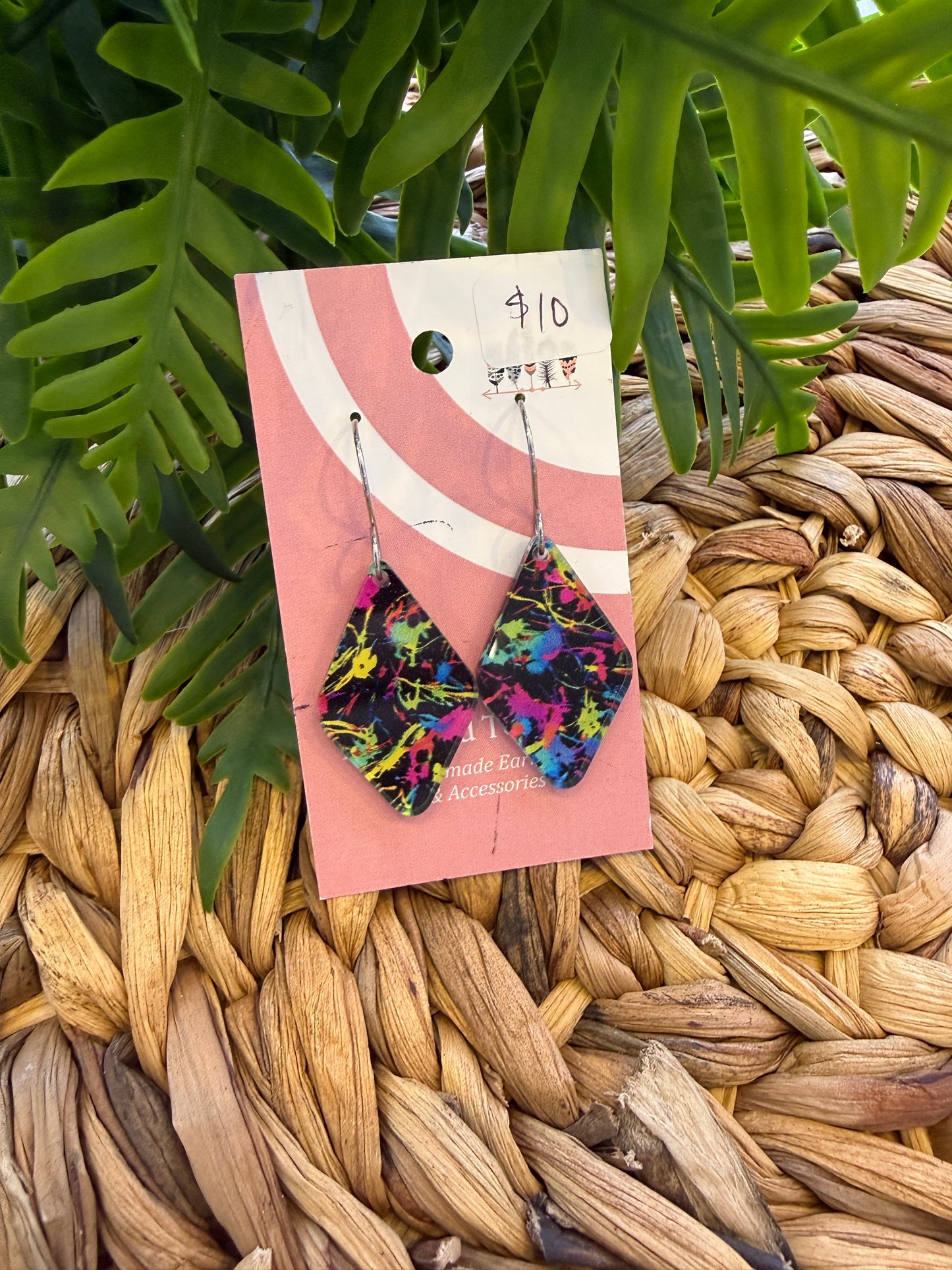 Dark Neon Paint Splatter Print Dangle Earrings