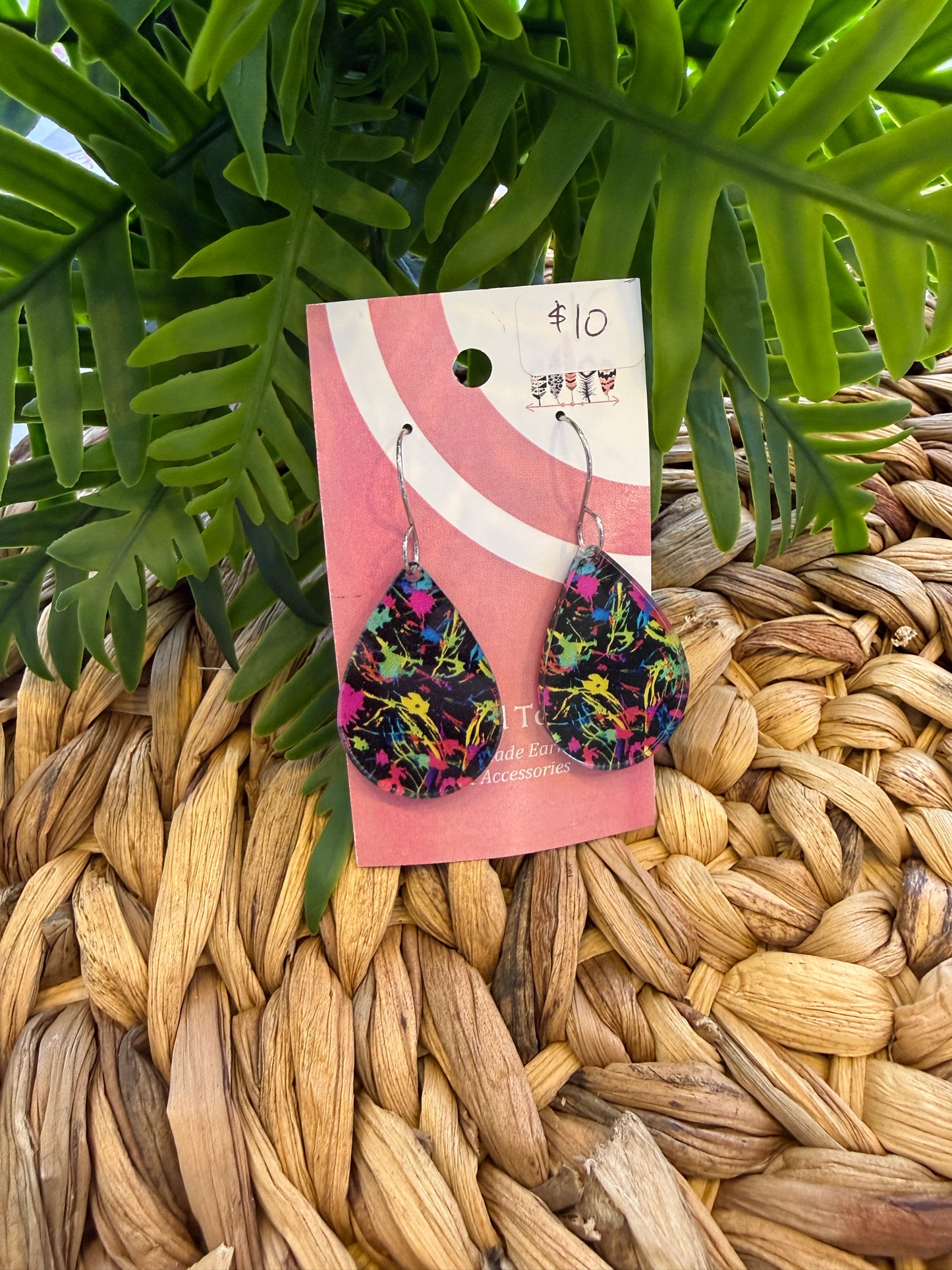 Dark Neon Paint Splatter Print Dangle Earrings