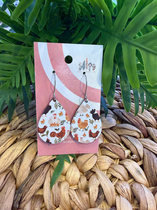 Chickens Scattered Print Dangle Earrings- White Background