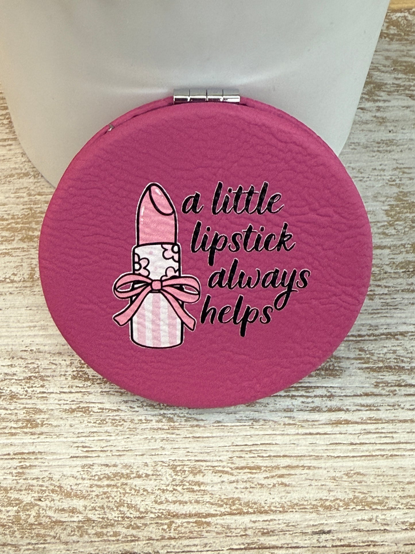 UV Printed Lipstick Fix Leatherette Compact Mirror