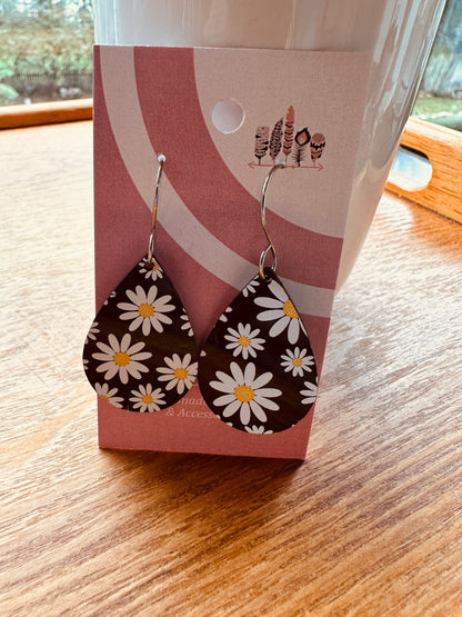 White Dasies On Black Acrylic Dangle Earrings