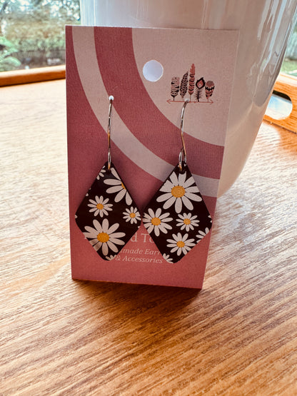 White Dasies On Black Acrylic Dangle Earrings