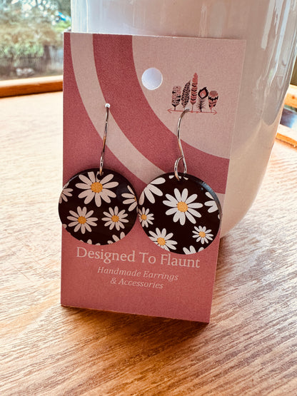 White Dasies On Black Acrylic Dangle Earrings