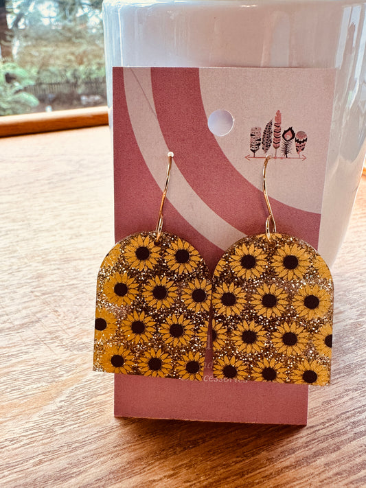 Luxe Sunflowers On Gold Glitter Acrylic Dangle Earrings