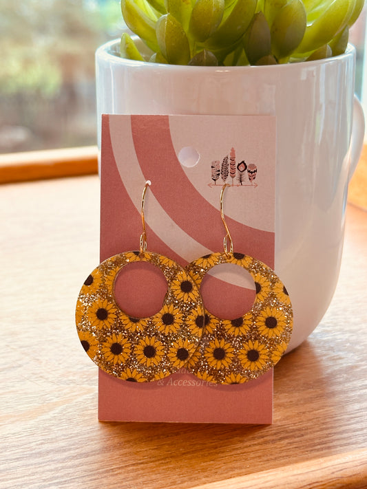 80's Sunflowers on Gold Glitter Acrylic Dangle Earrings