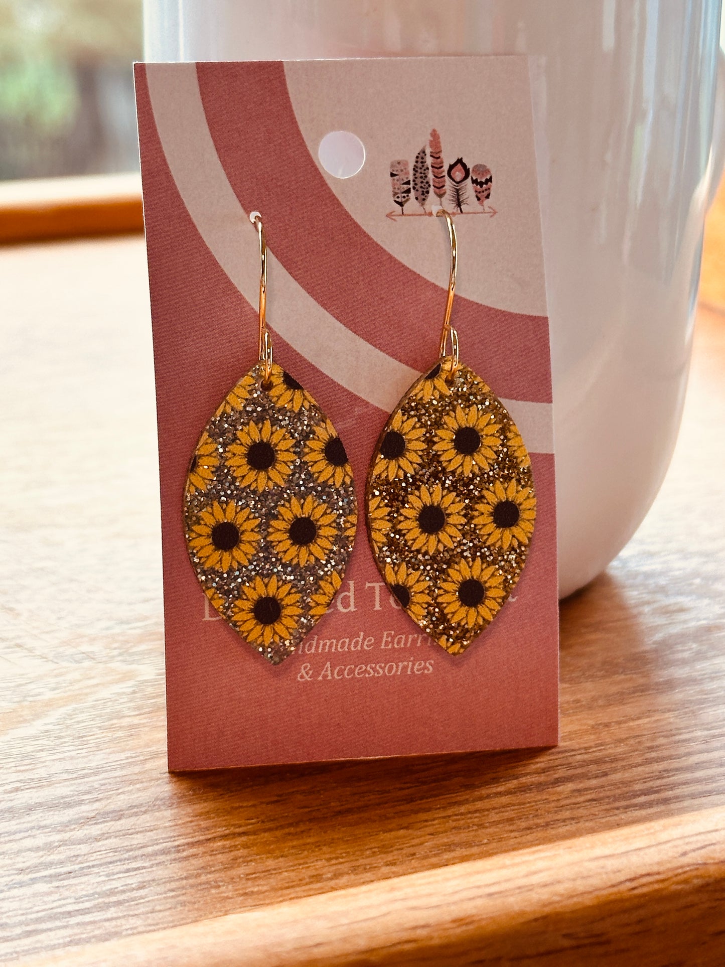 Sunflower on Gold Glitter Acrylic Dangle Earrings