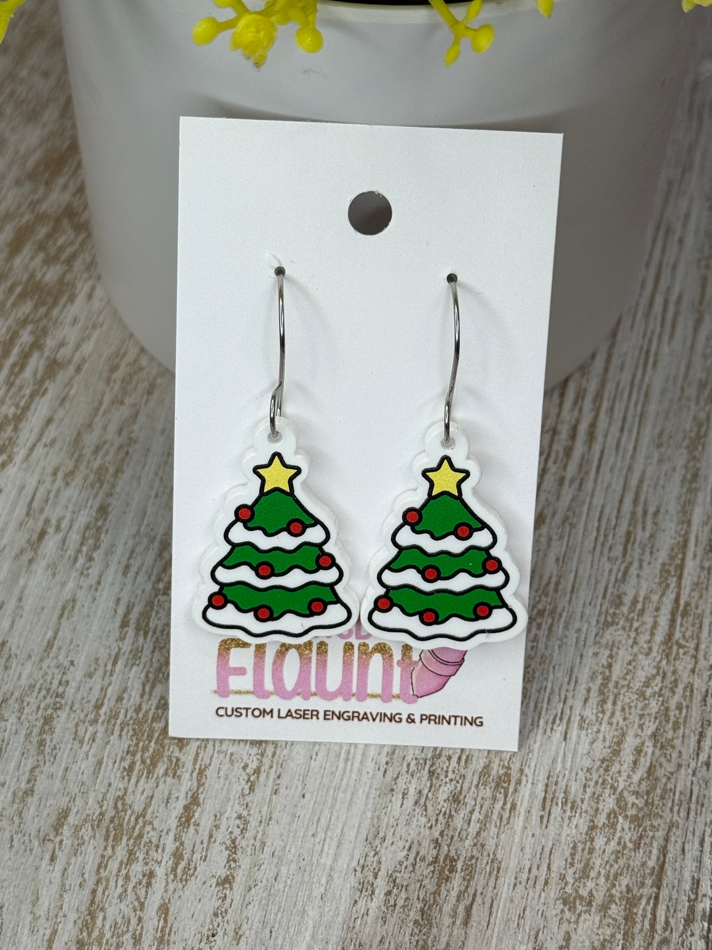 UV Printed Holiday Tree Acrylic Dangle Earrings