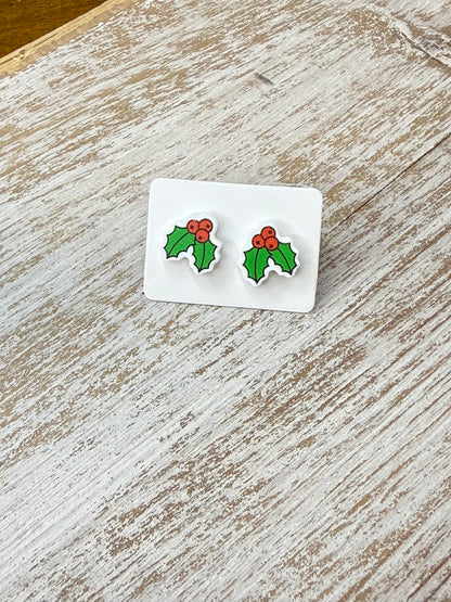 UV Printed Jolly Holly Mistletoe Acrylic Stud Earrings