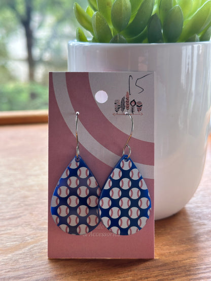 Baseballs On Blue Acrylic Dangle Earrings