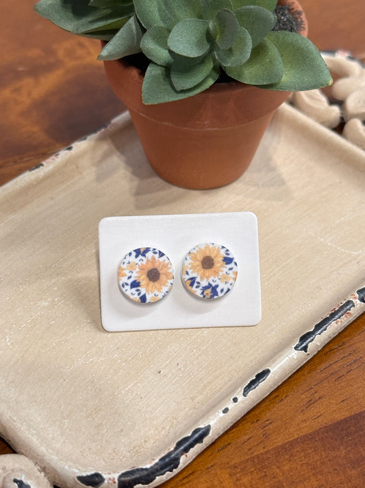 Sublimation Blue Petal Sunflower Acrylic Stud Earrings