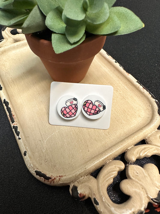 Sublimated Pink Checkered Heart Acrylic Stud Earrings
