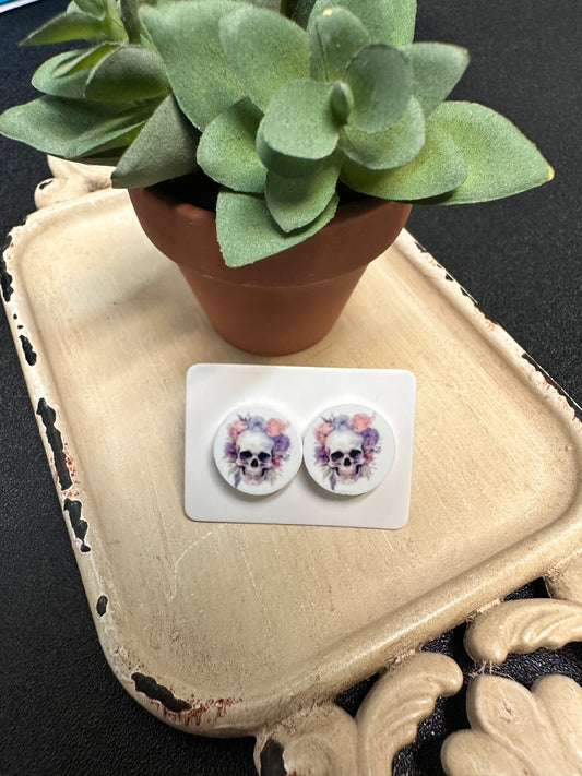 Sublimated Floral Skull Acrylic Stud Earrings