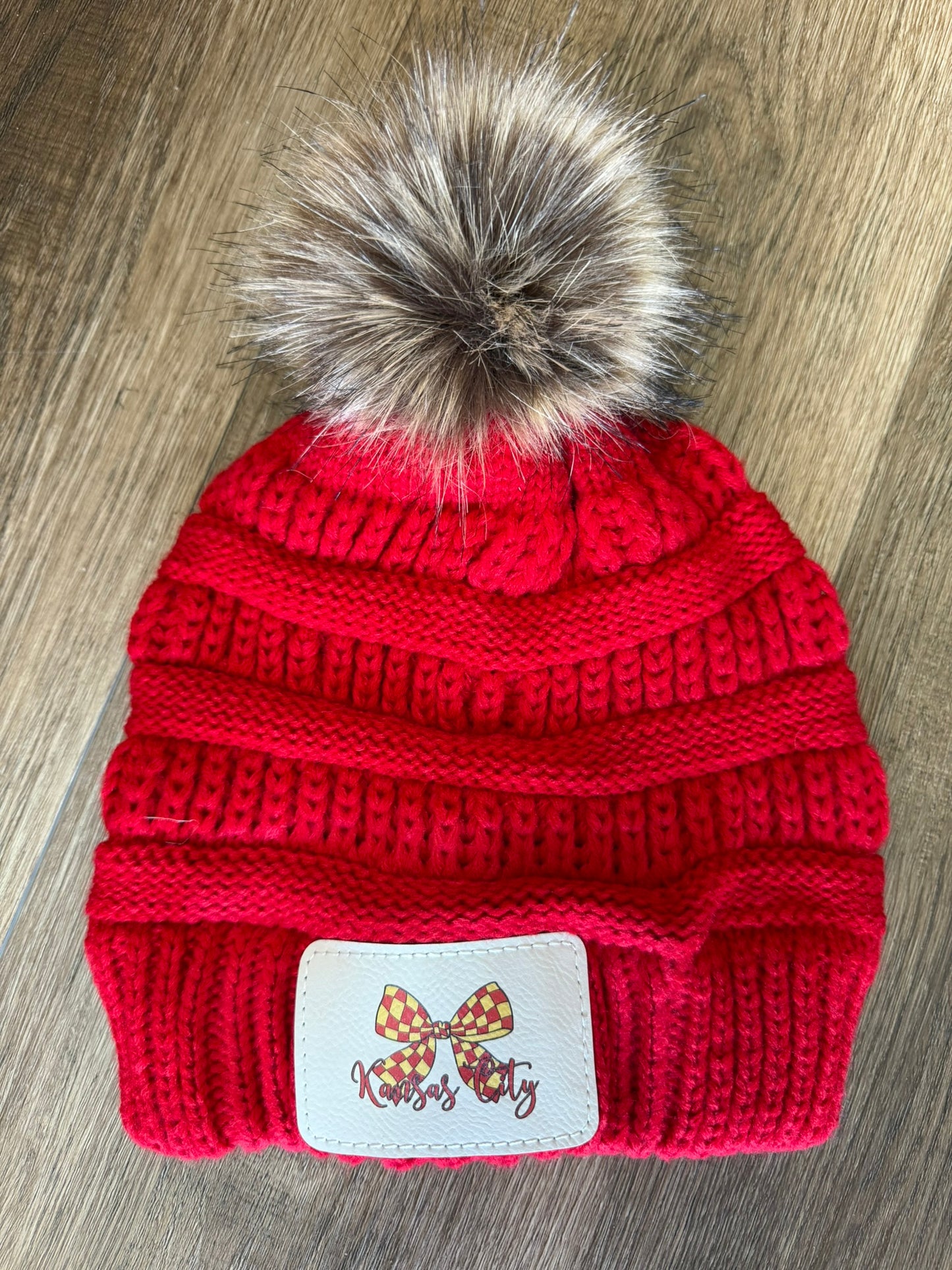 UV Printed Red Checkered Bow Knitted Pom Beanie