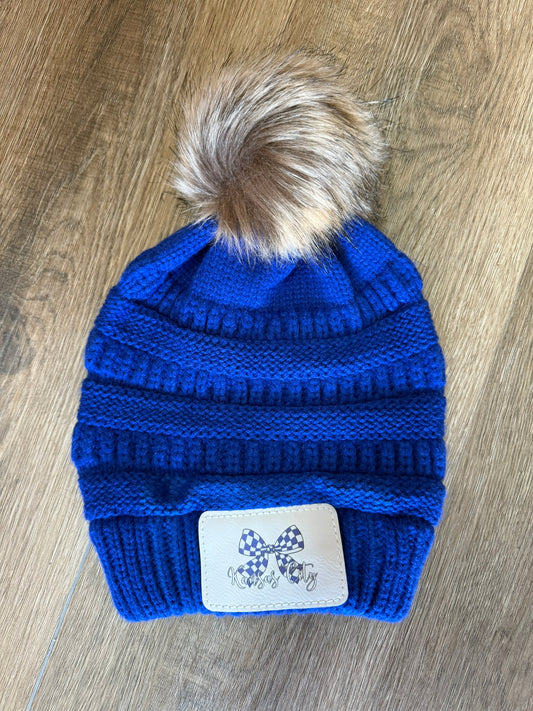 UV Printed Blue Checkered KC Bow Knitted Pom Beanie